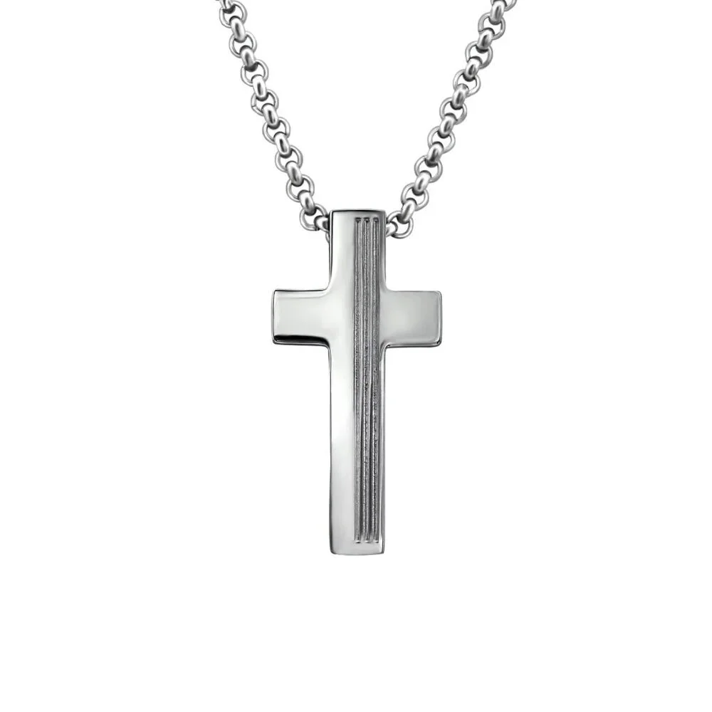 Mens Stainless Steel Cross Pendant Necklace With 20 inch Chain Faith Religious S